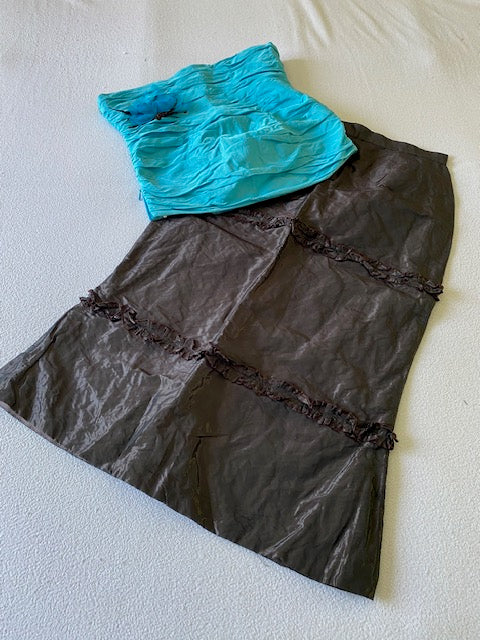 Suitekleding strapless top korset en rok met ruches maat 36 S
