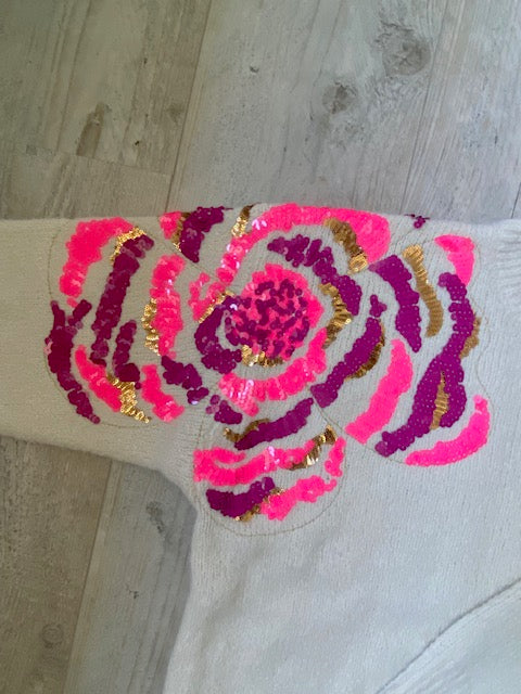 Trui ecru met pailletten bloem TU
